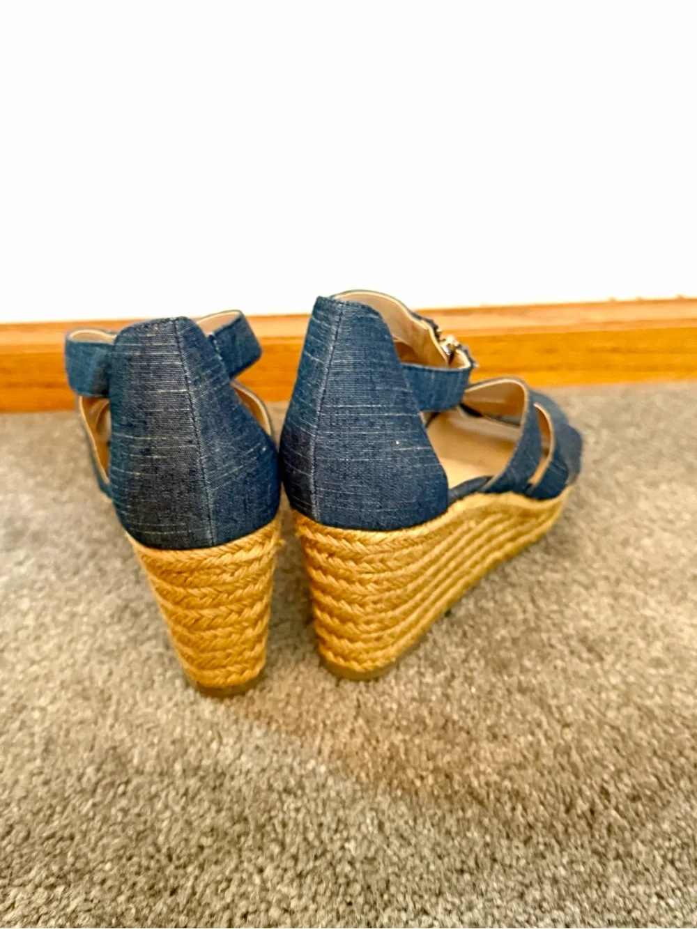 Lauren Ralph Lauren Denim Blue Espadrille Wedge Sandals with Front Zipper